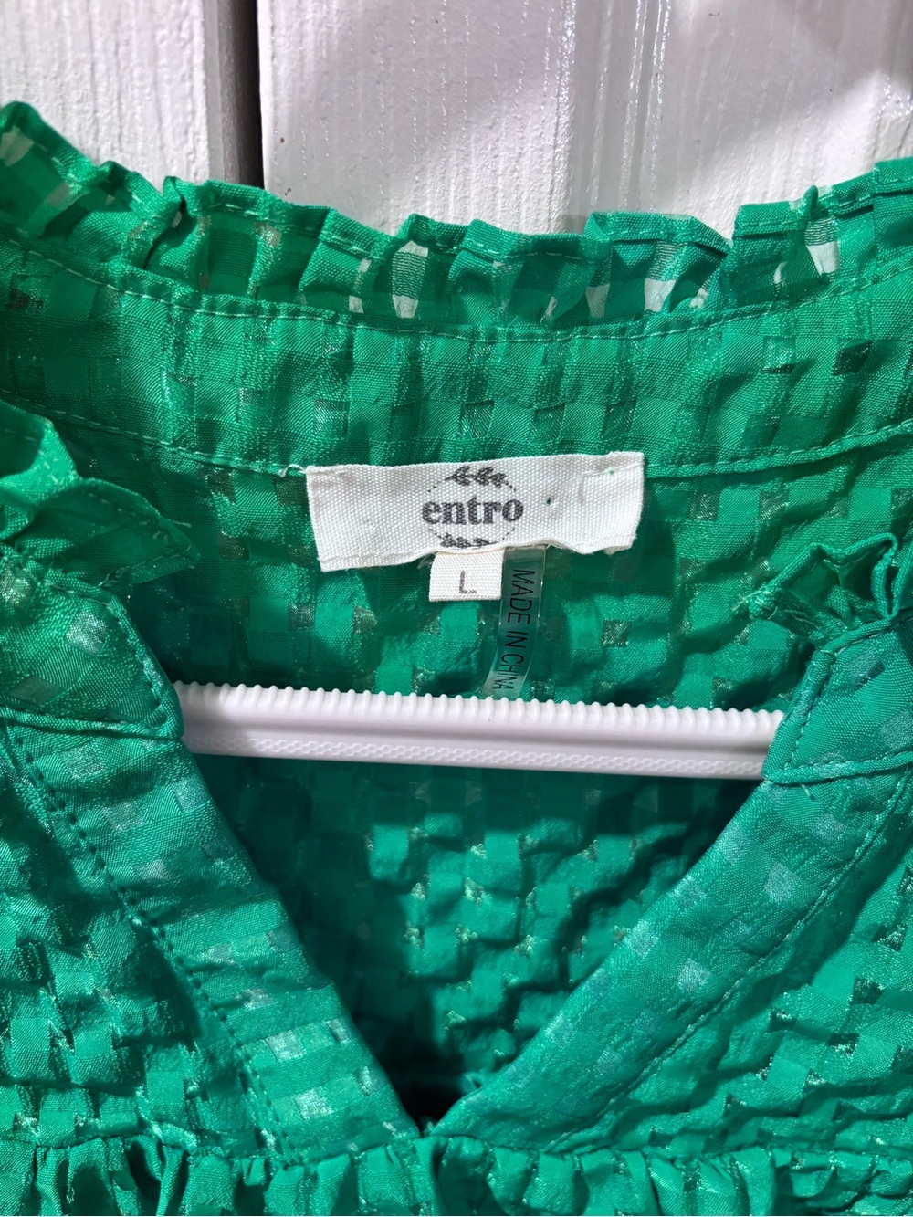 Entro Kelly Green Seersucker Plaid Ruffle Flutter Sleeve Top L - Picture 2 of 7